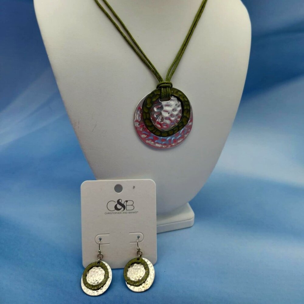 Christopher‎ and Banks earrings and necklace set, silver & green color